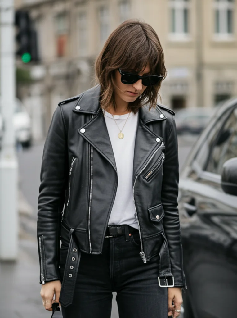 Model wearing a typical slim-fit AllSaints leather biker jacket in an urban setting.