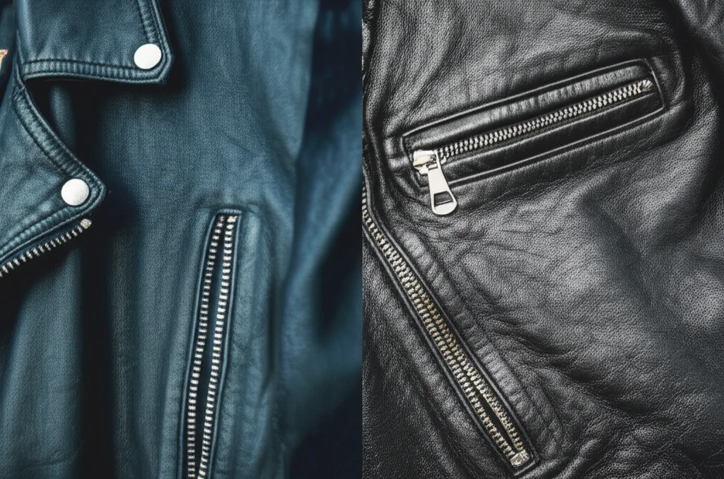 Close-up showing the textural difference between softer lambskin (left) and rugged steerhide (right).