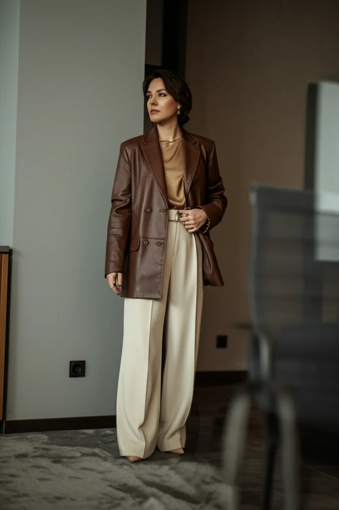 Professional outfit showcasing a brown leather blazer paired with cream trousers.