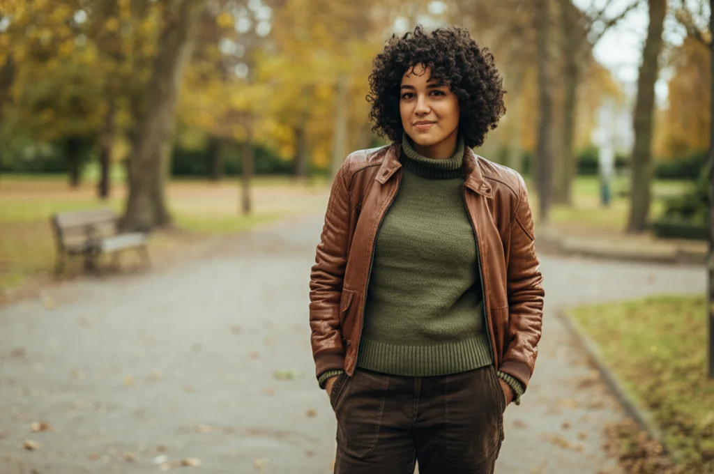 Brown leather bomber jacket styled with earthy tones like olive green and dark brown.