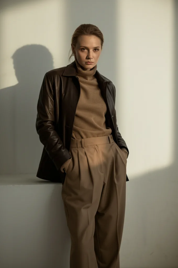Sophisticated monochrome outfit using different shades of brown including a leather jacket.