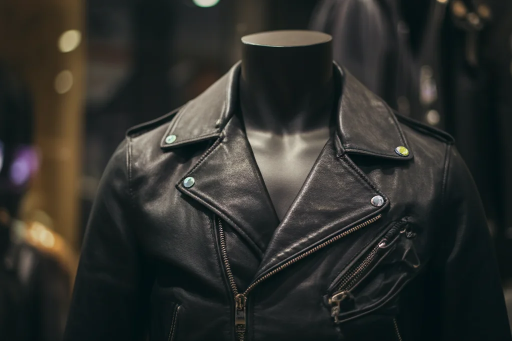 Detailed view of a black leather biker jacket showing its asymmetrical zip and hardware.