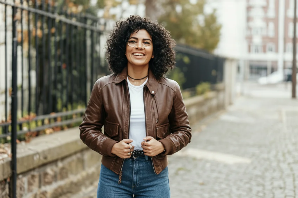 Woman wearing a brown leather bomber jacket and jeans outdoors.