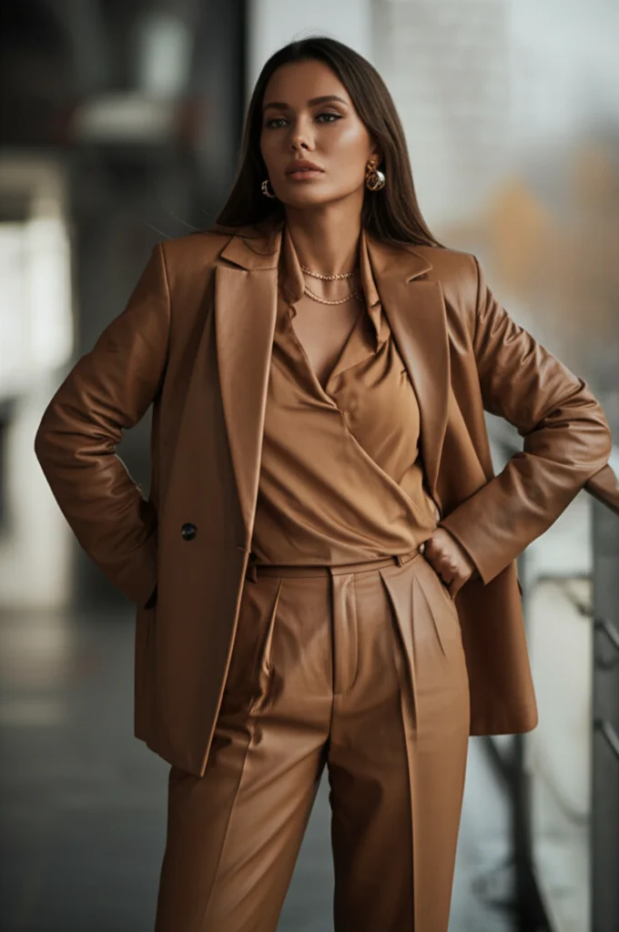 Woman confidently wearing a tan leather blazer in an office setting.