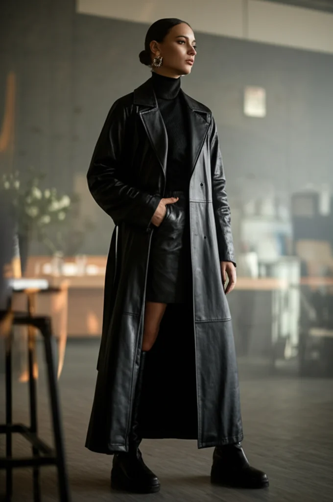 Woman wearing a long black leather duster coat indoors.