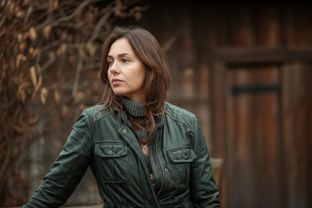 Woman in a green leather field jacket outdoors.
