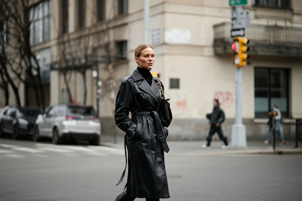 Woman walking on a city street in a black leather trench coat.