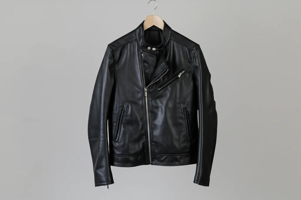 Minimalist black leather racer jacket hanging against a neutral wall.
