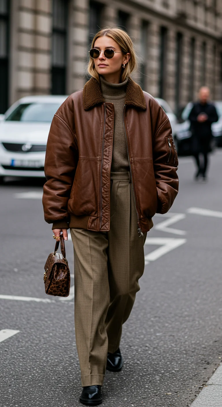 Stylish woman wearing an oversized, slouchy brown leather bomber jacket.