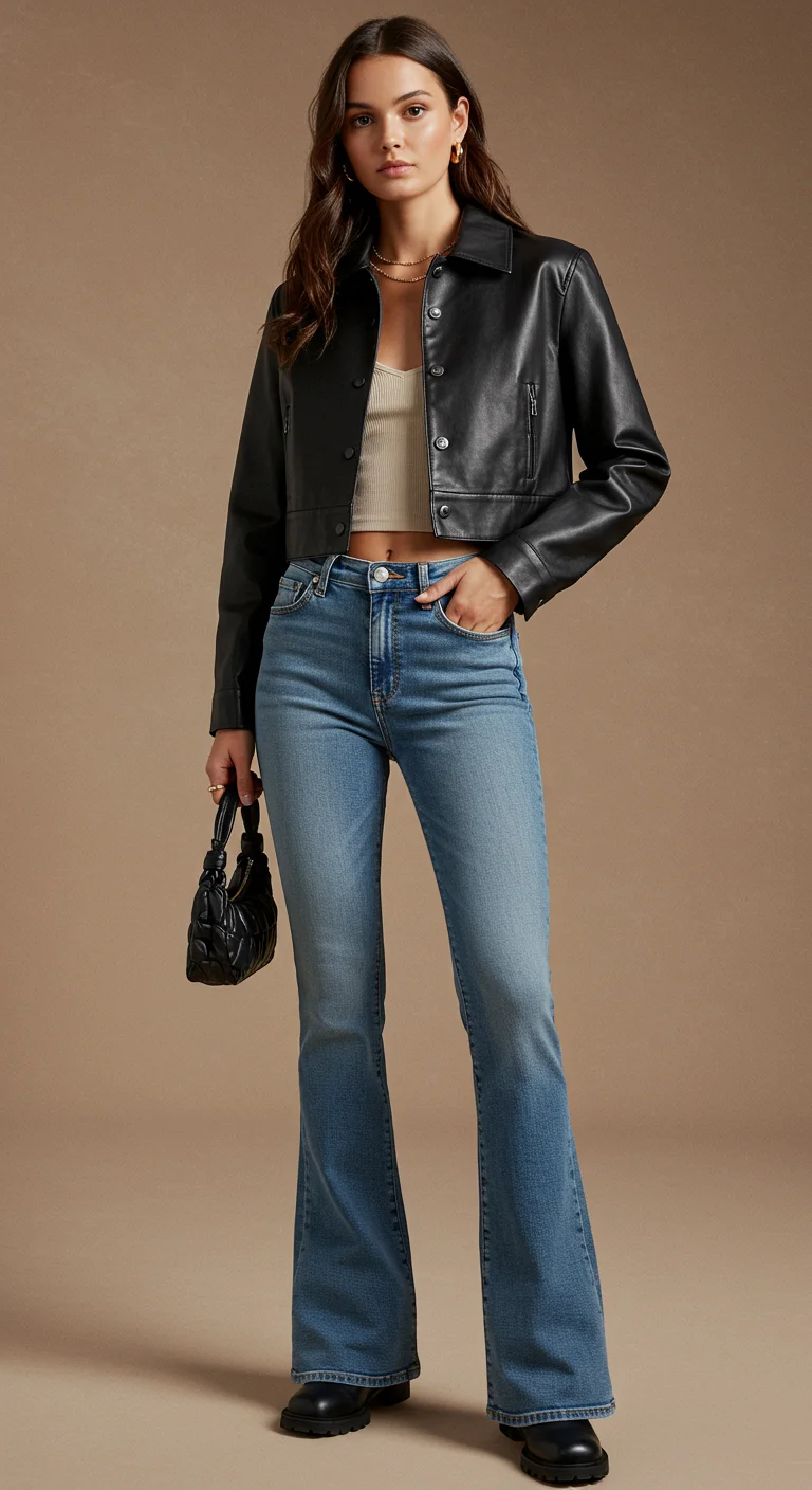 Model wearing a trendy cropped, boxy leather jacket with high-waisted jeans.