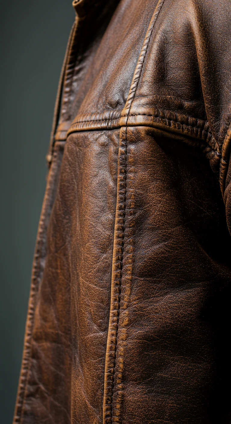 Close-up detail of a distressed or vintage-finish brown leather jacket.