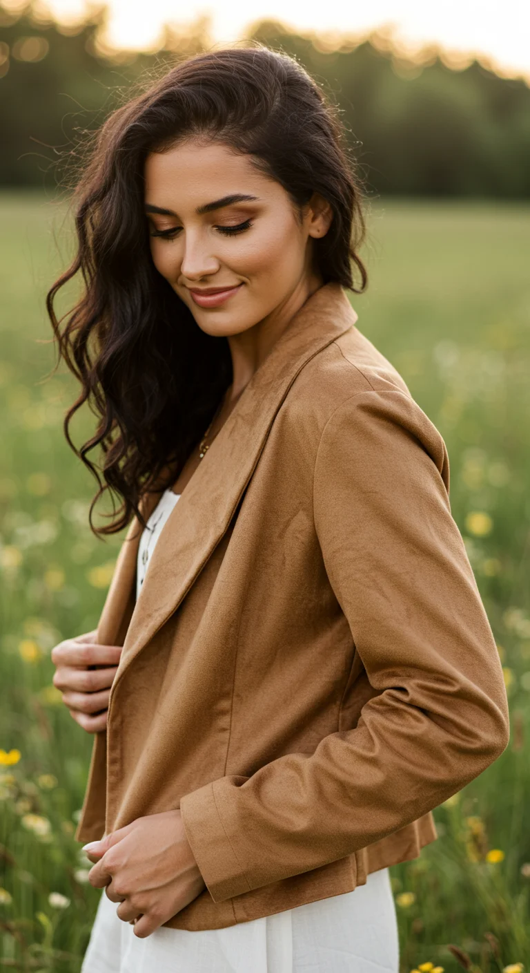 Woman wearing a soft camel or sand-colored suede jacket.